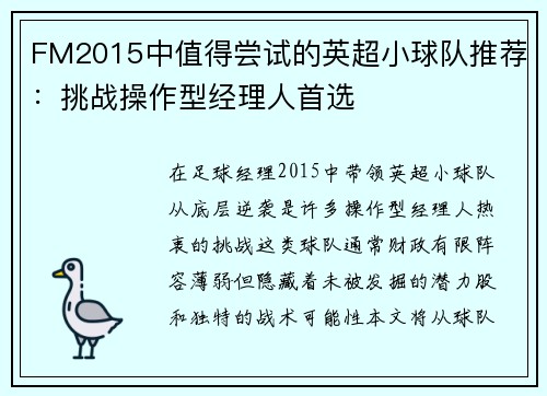 FM2015中值得尝试的英超小球队推荐：挑战操作型经理人首选